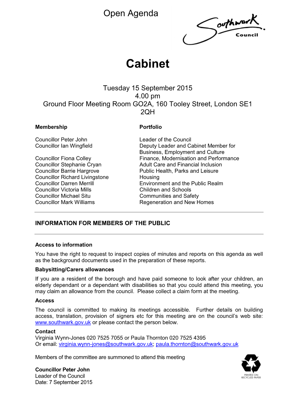 (Public Pack)Agenda Document for Cabinet, 15/09/2015 16:00