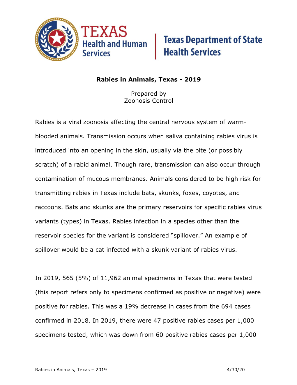 Rabies in Animals, Texas - 2019