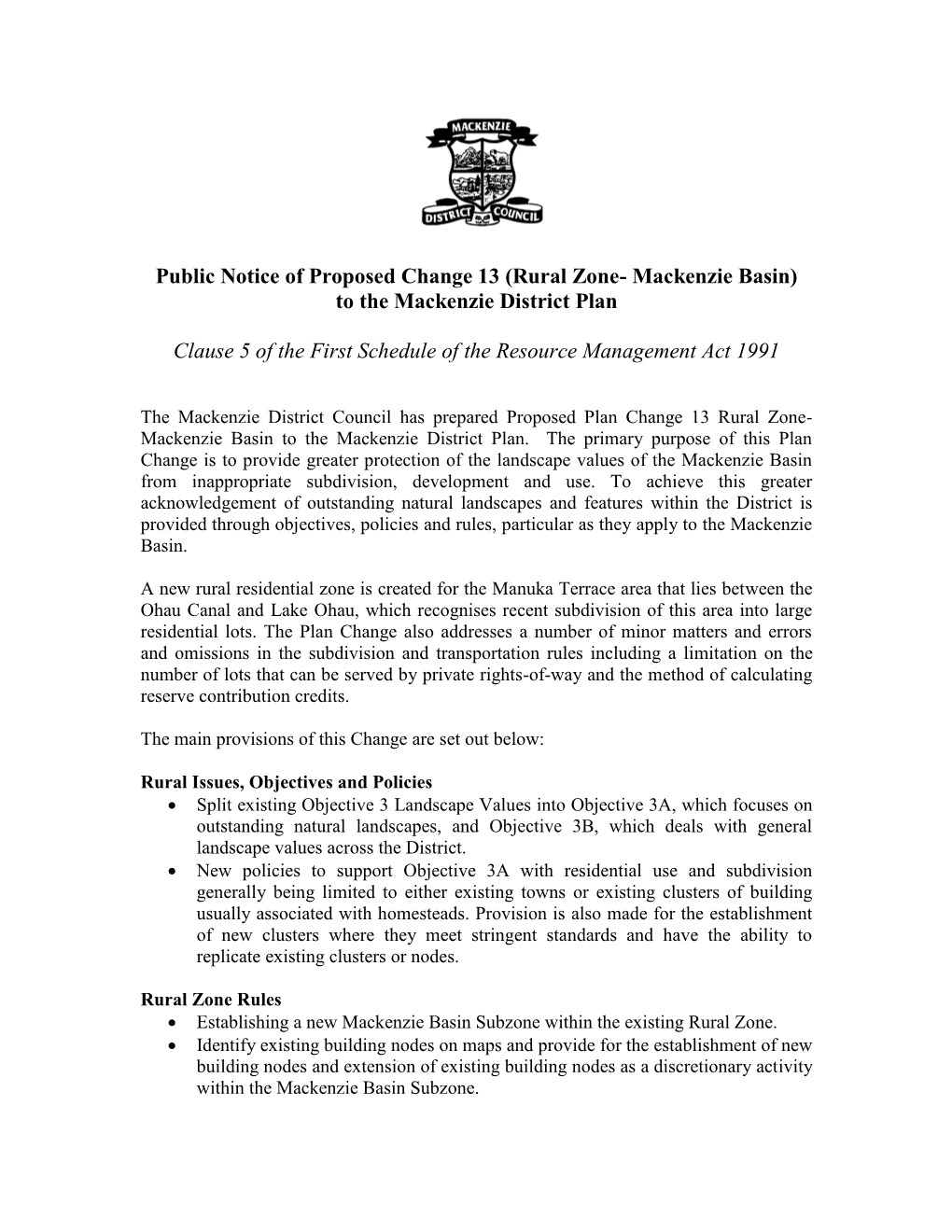 Public Notice of Proposed Change 13 (Rural Zone- Mackenzie Basin) to the Mackenzie District Plan