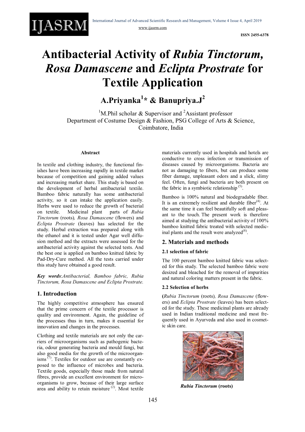 Antibacterial Activity of Rubia Tinctorum, Rosa Damascene And