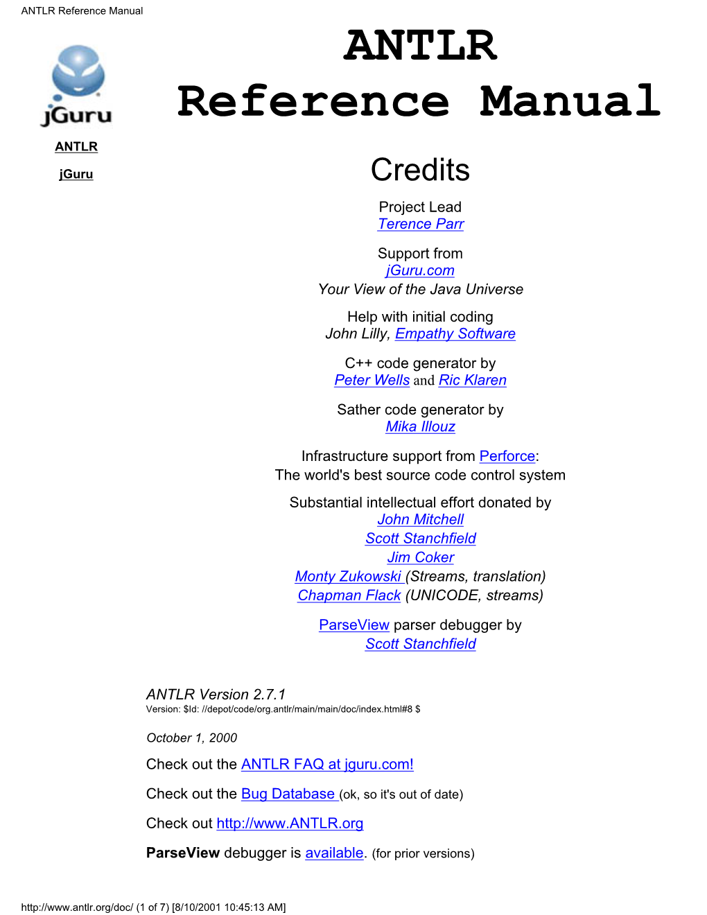 ANTLR Reference Manual ANTLR Reference Manual ANTLR Jguru Credits Project Lead Terence Parr