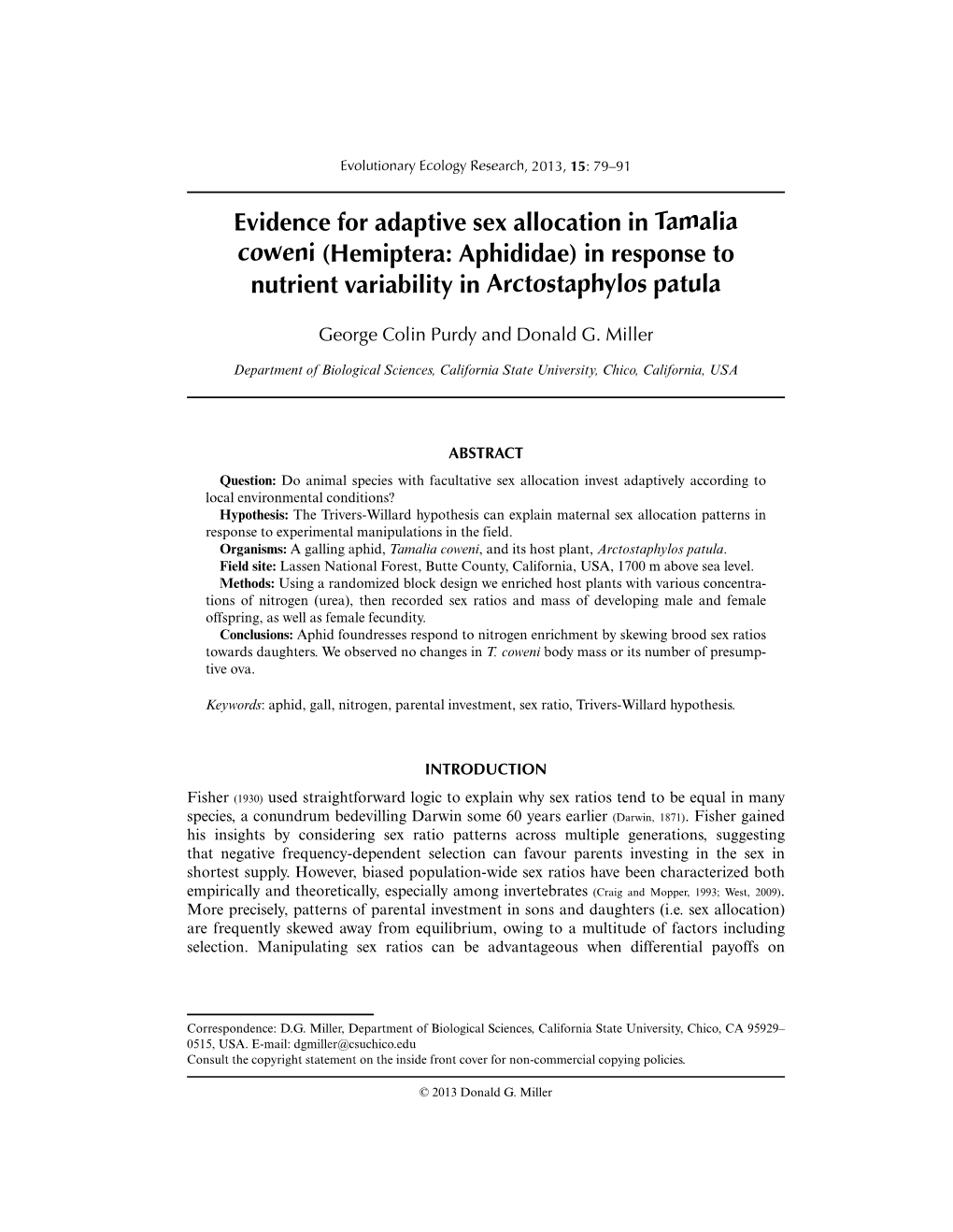 Evidence for Adaptive Sex Allocation in Tamalia Coweni (Hemiptera: Aphididae) in Response to Nutrient Variability in Arctostaphylos Patula