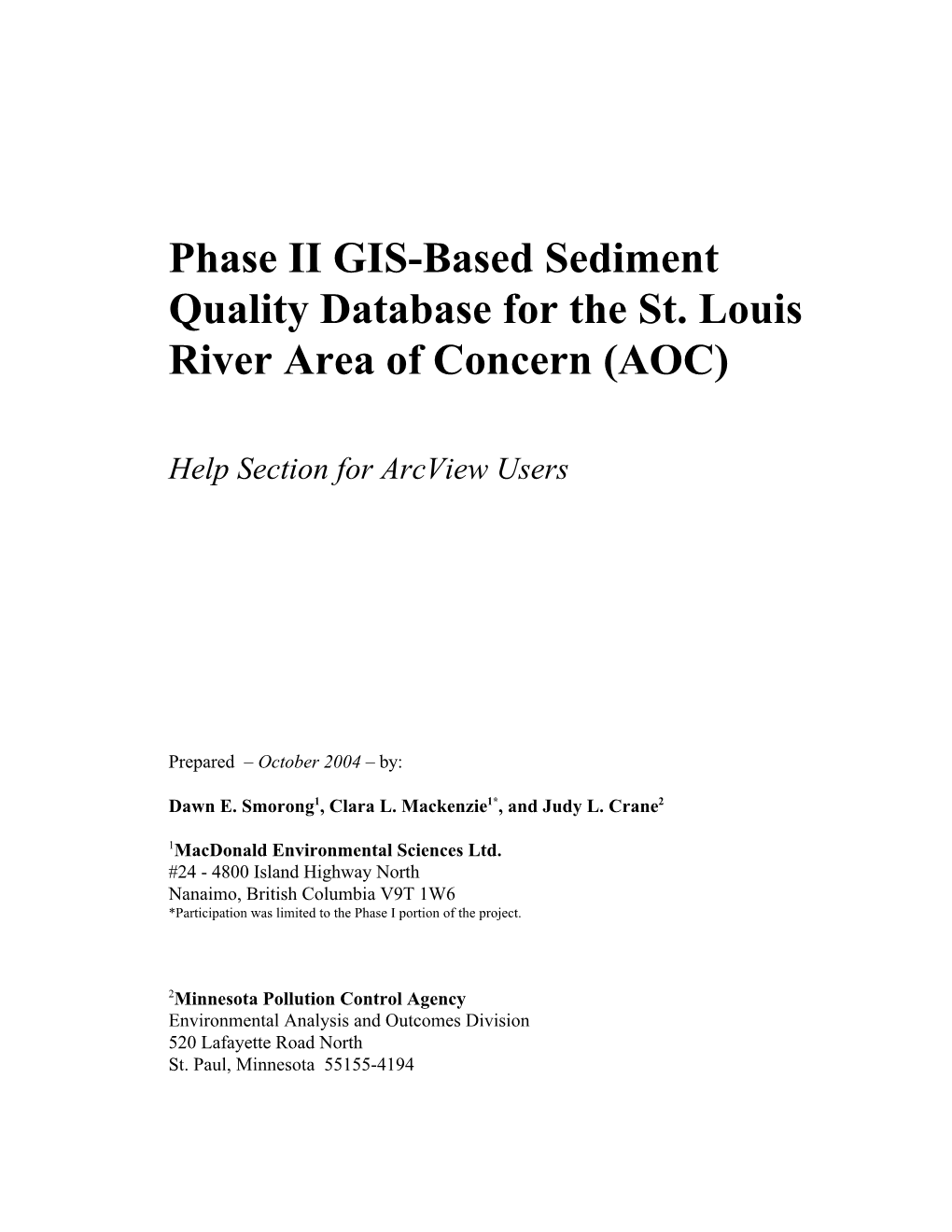 Phase II GIS-Based Sediment Quality Database for the St. Louis River Area of Concern (AOC)