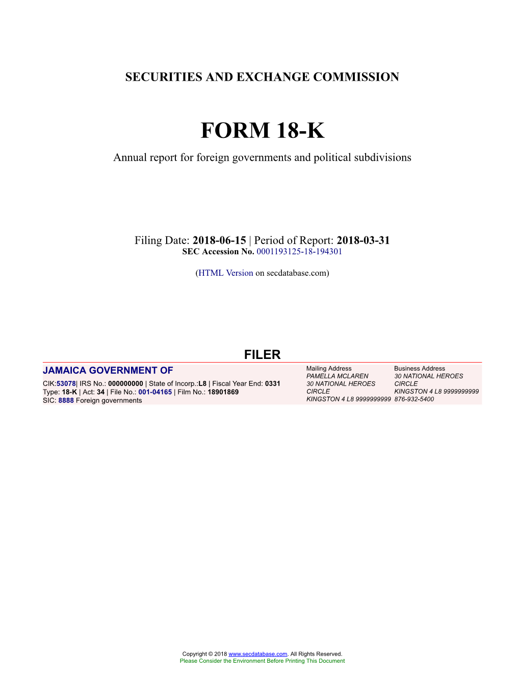 JAMAICA GOVERNMENT of Form 18-K Filed 2018-06-15