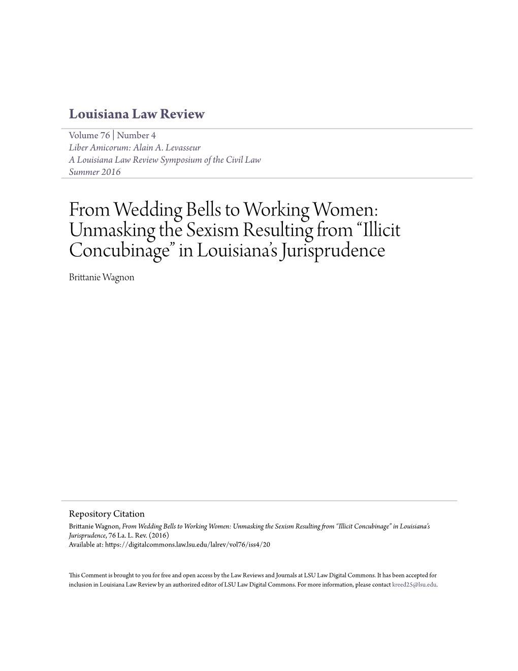 Illicit Concubinage” in Louisiana’S Jurisprudence Brittanie Wagnon