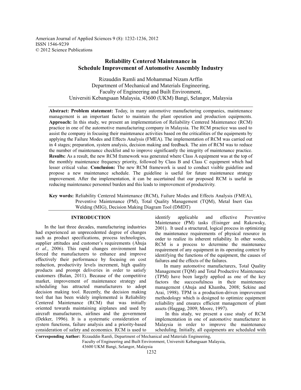 Reliability Centered Maintenance in Schedule Improvement of Automotive Assembly Industry