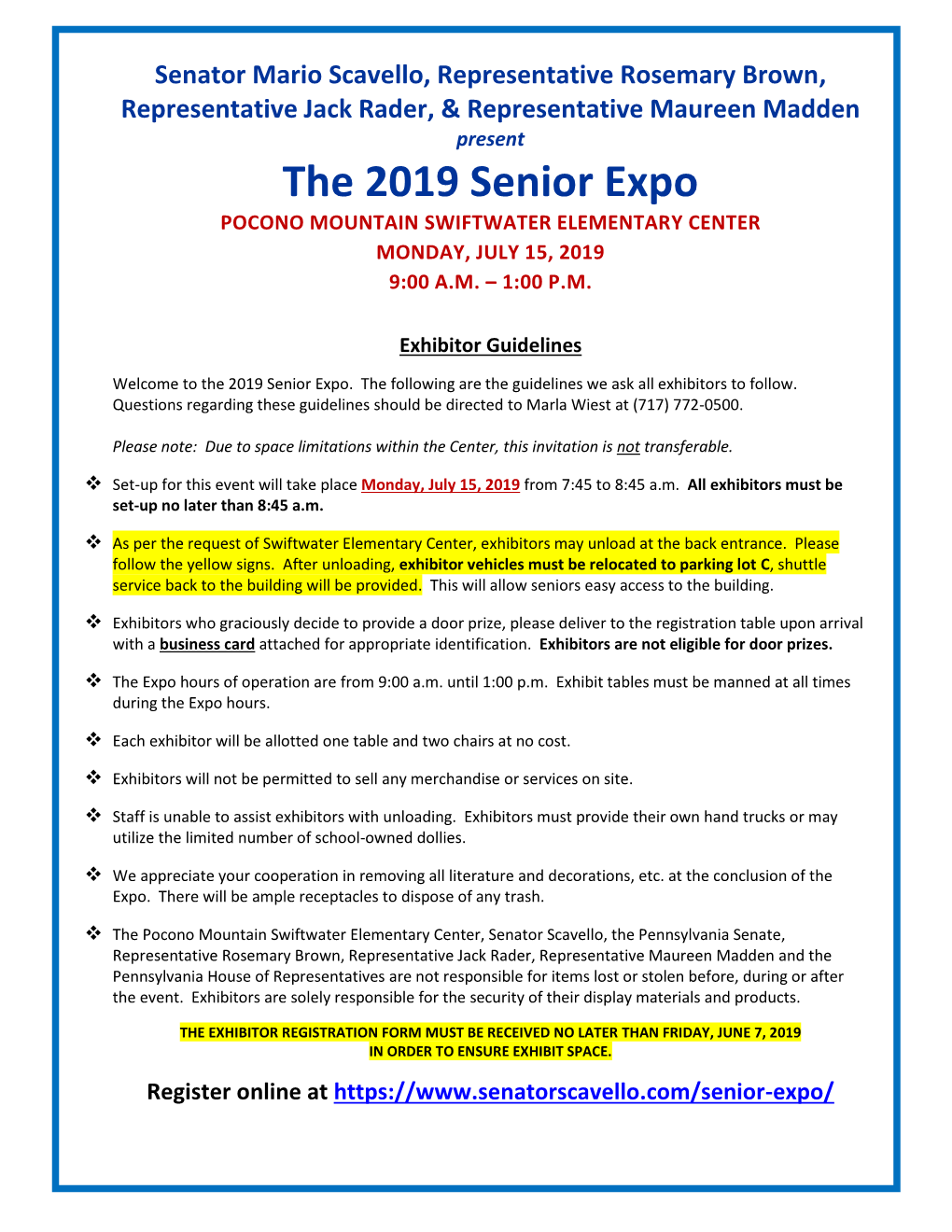 Exhibitor Registration Form Must Be Received No Later Than Friday, June 7, 2019 in Order to Ensure Exhibit Space