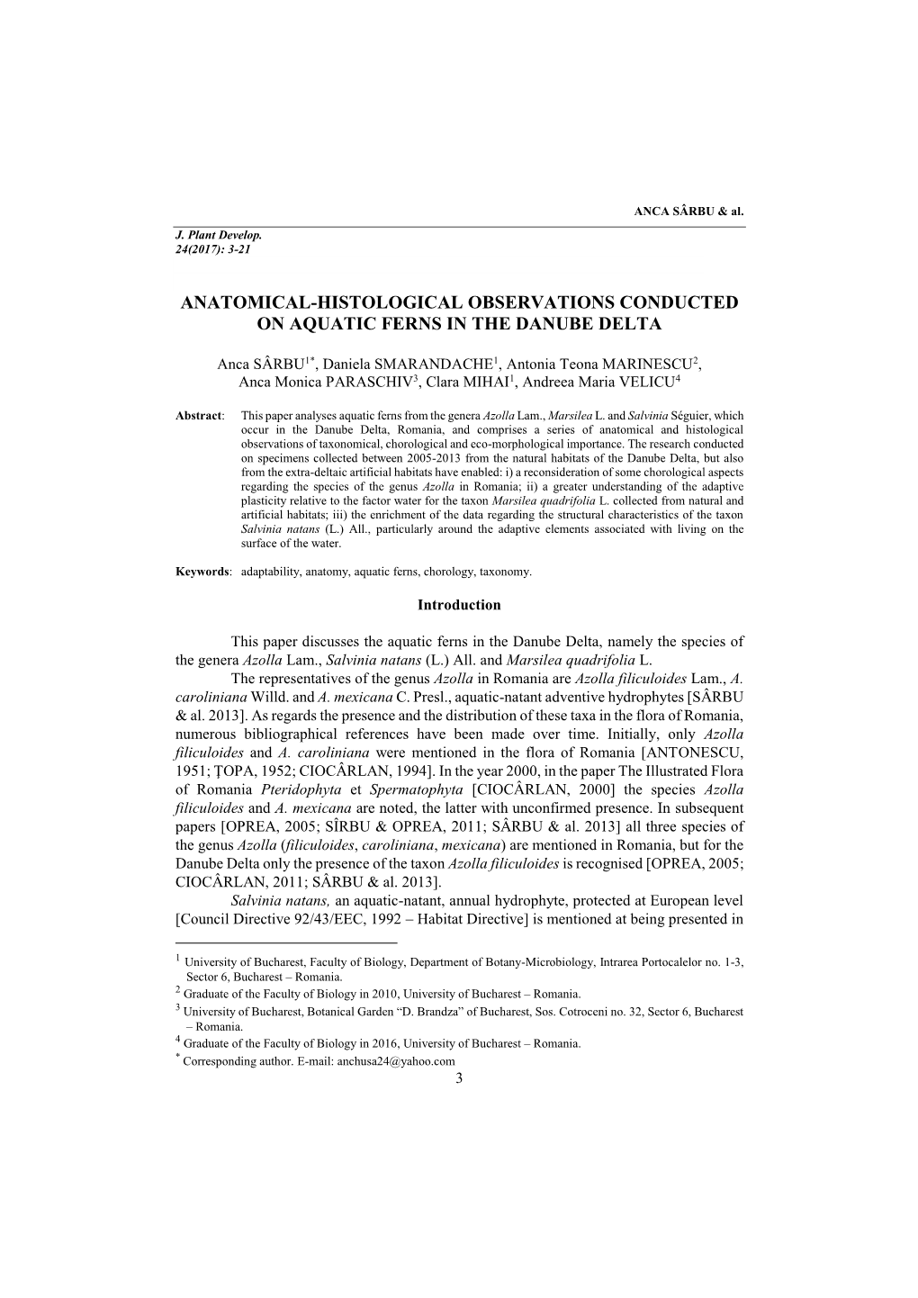 Anatomical-Histological Observations Conducted on Aquatic Ferns in the Danube Delta