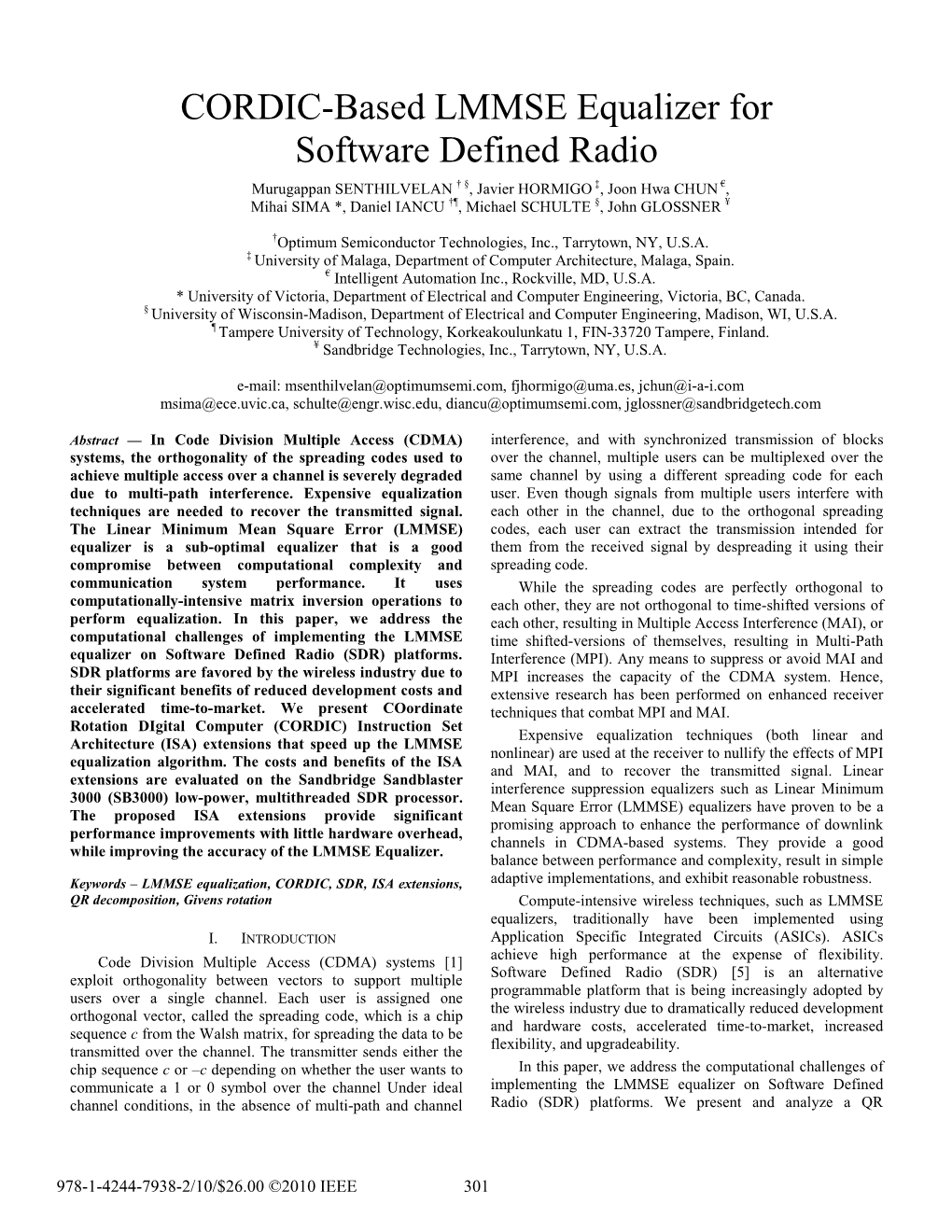 CORDIC-Based LMMSE Equalizer for Software Defined Radio