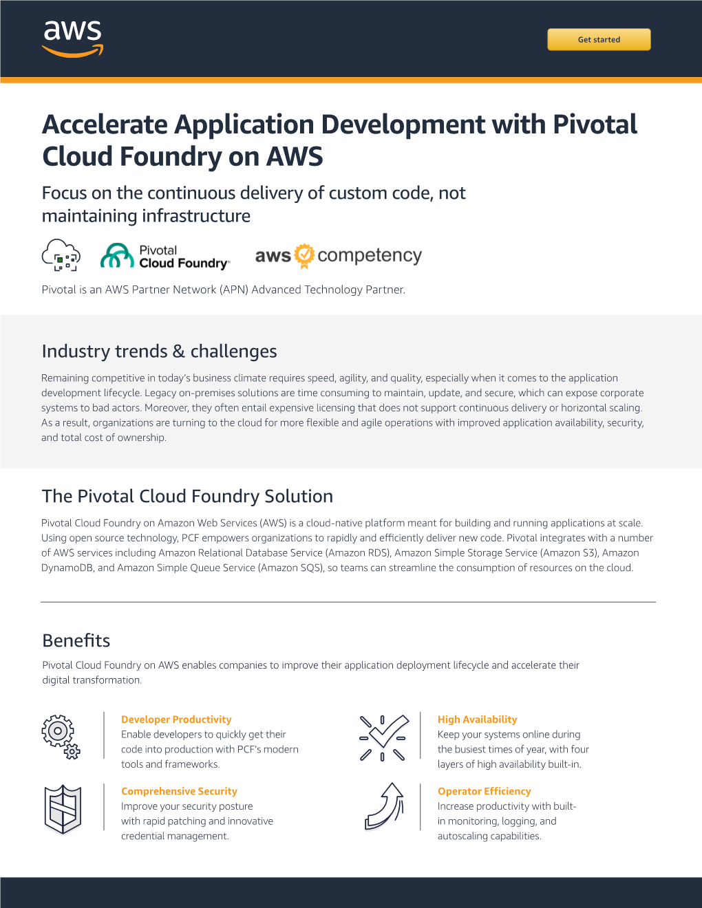 Accelerate Application Development with Pivotal Cloud Foundry on AWS Focus on the Continuous Delivery of Custom Code, Not Maintaining Infrastructure
