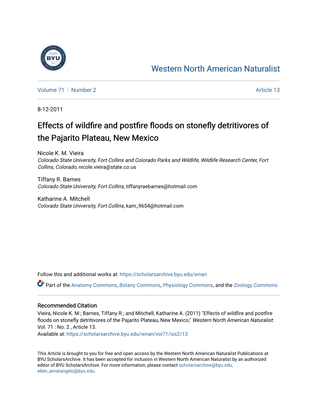 Effects of Wildfire and Postfire Floods on Stonefly Detritivores of the Pajarito Plateau, New Mexico