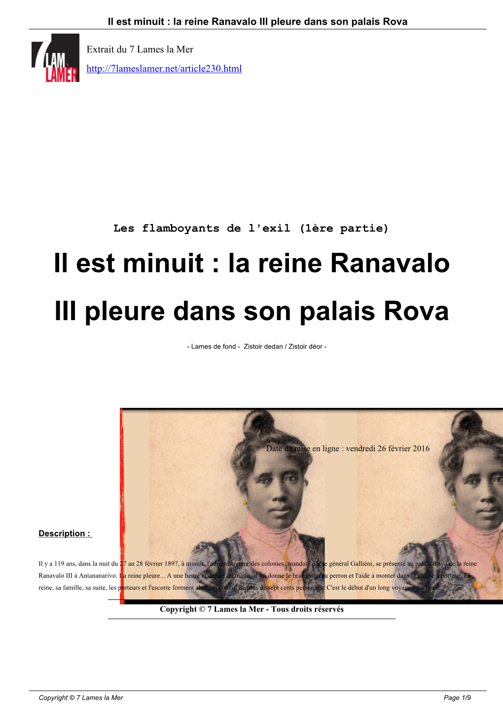 Il Est Minuit : La Reine Ranavalo III Pleure Dans Son Palais Rova