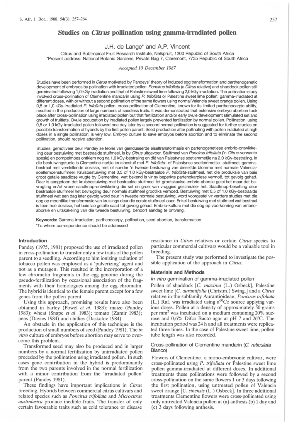 Studies on Citrus Pollination Using Gamma-Irradiated Pollen