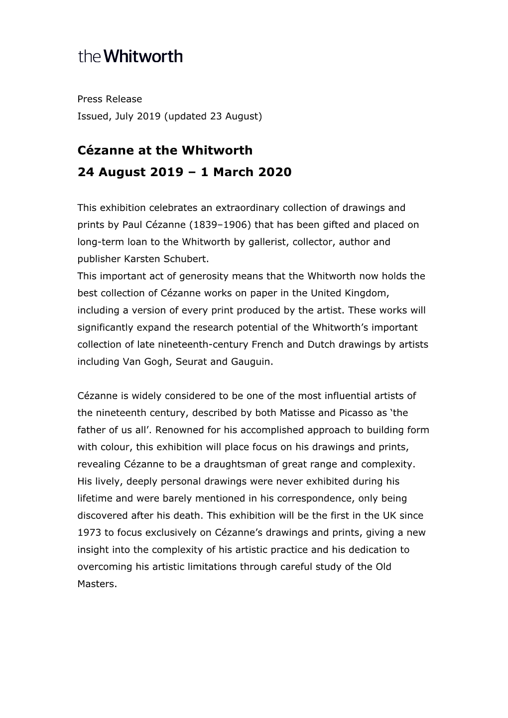 Cézanne at the Whitworth PRESS RELEASE 30 July 2019 Final