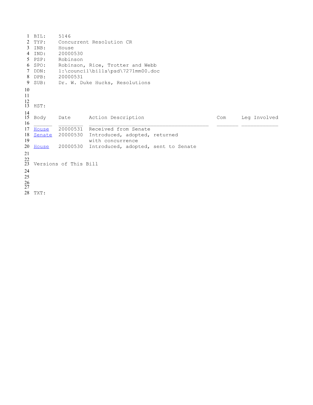 1999-2000 Bill 5146: Dr. W. Duke Hucks, Resolutions - South Carolina Legislature Online