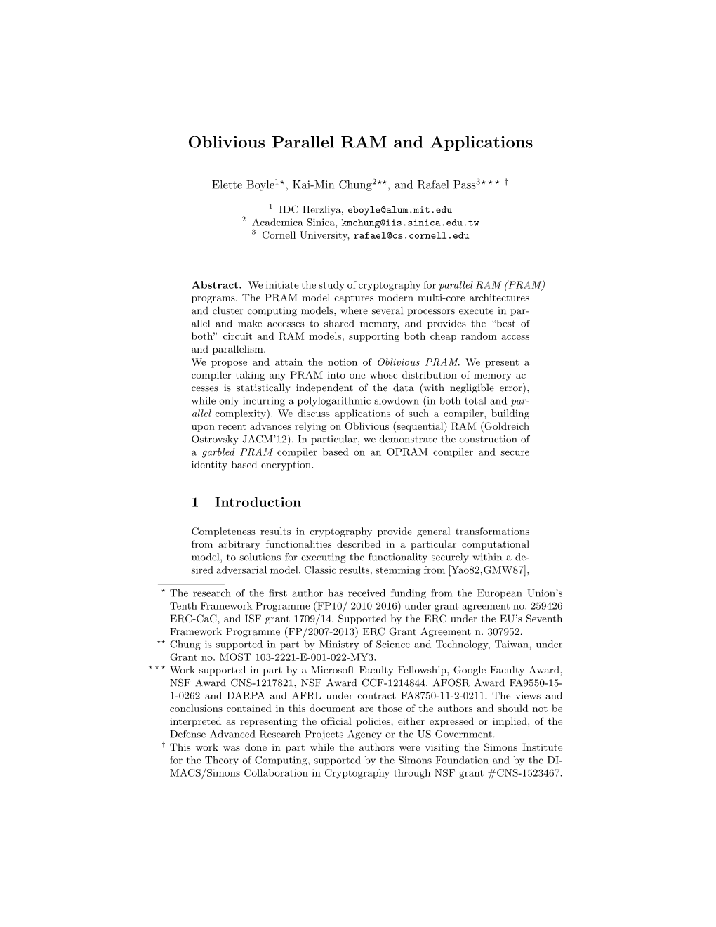 Oblivious Parallel RAM and Applications