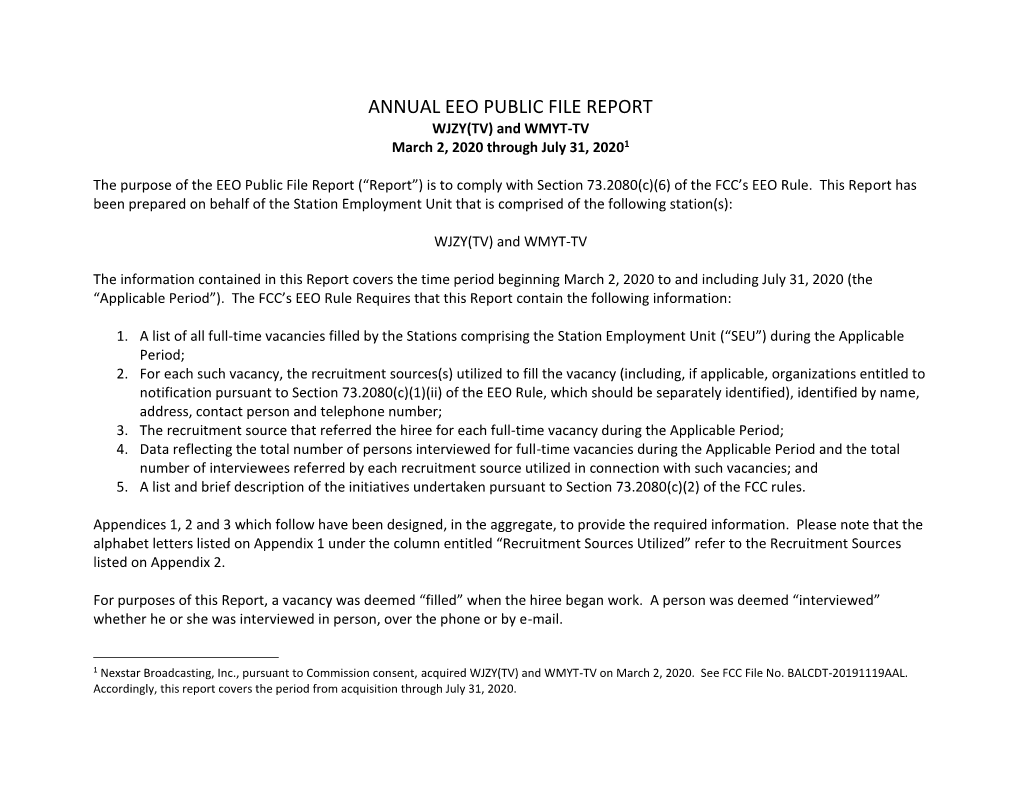 ANNUAL EEO PUBLIC FILE REPORT WJZY(TV) and WMYT-TV March 2, 2020 Through July 31, 20201