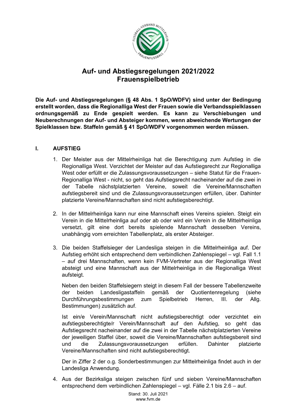 Auf- Und Abstiegsregelungen 2021/2022 Frauenspielbetrieb