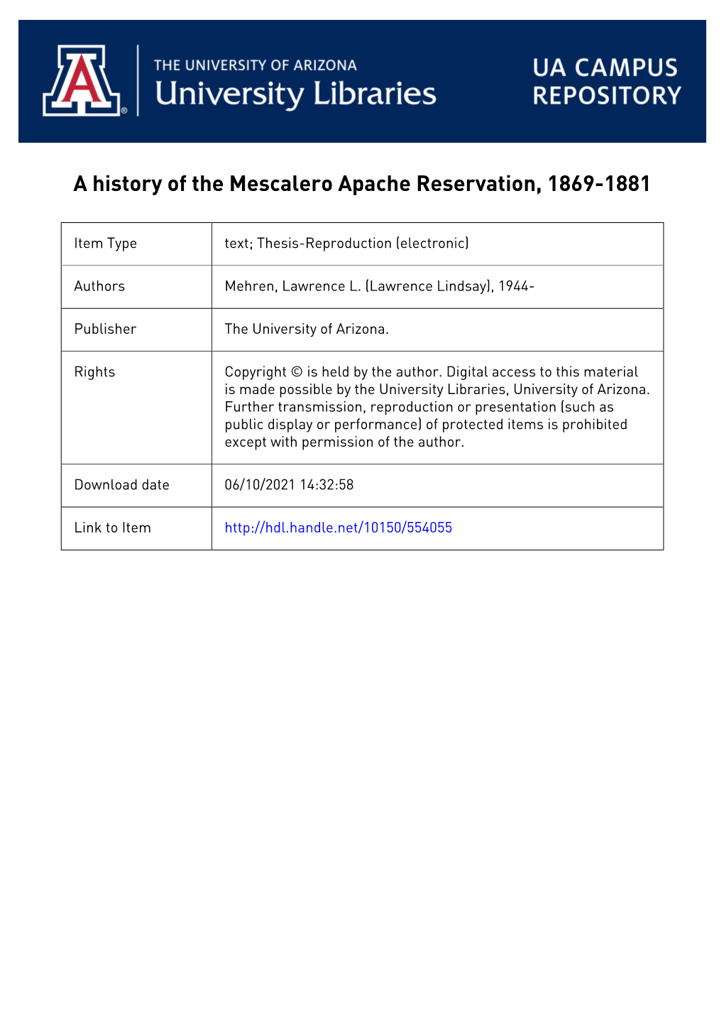 A History of the Mescalero Apache Reservation, 1869-1881