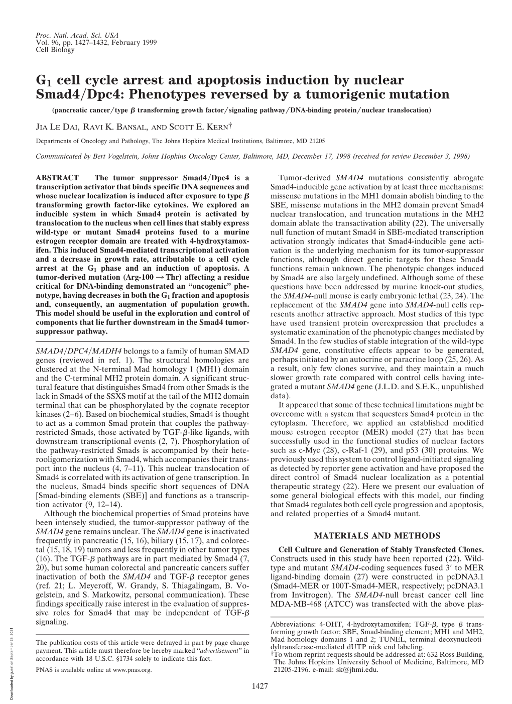 G1 Cell Cycle Arrest and Apoptosis Induction by Nuclear Smad4