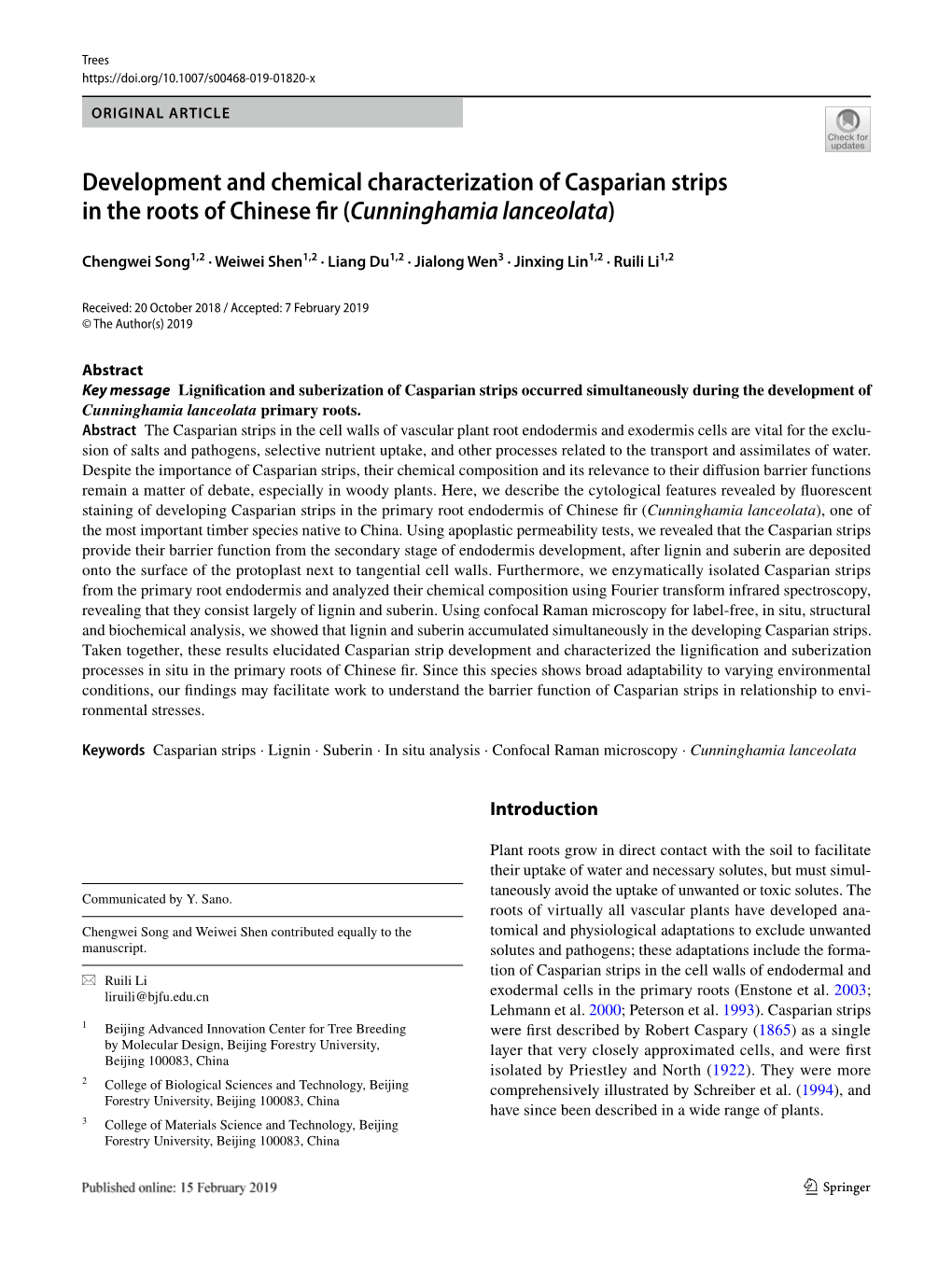 Development and Chemical Characterization of Casparian Strips in the Roots of Chinese Fir (Cunninghamia Lanceolata)