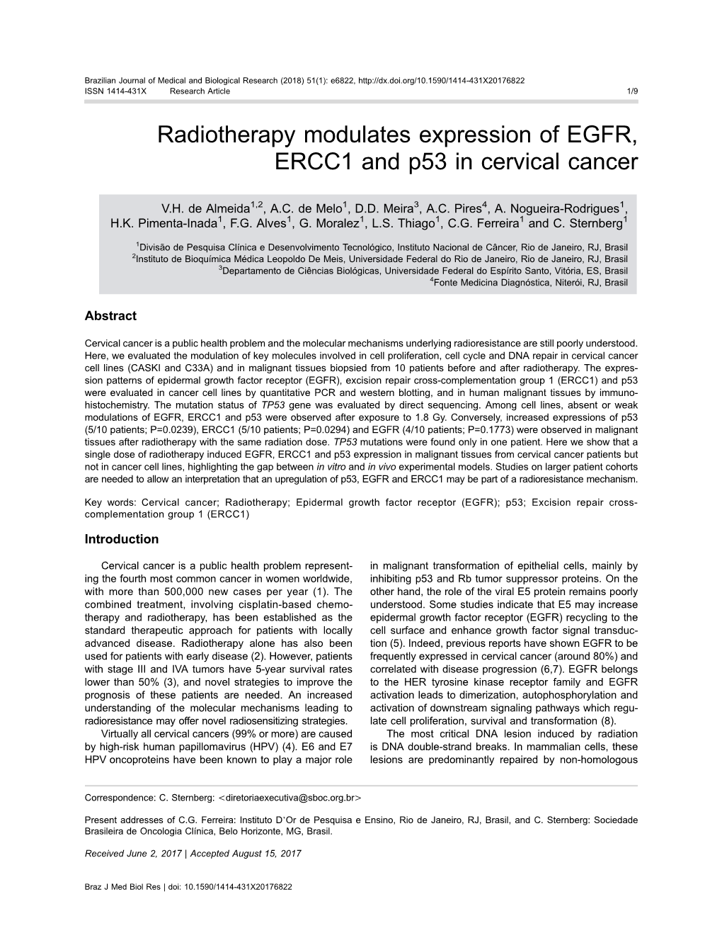 Radiotherapy Modulates Expression of EGFR, ERCC1 and P53 in Cervical Cancer