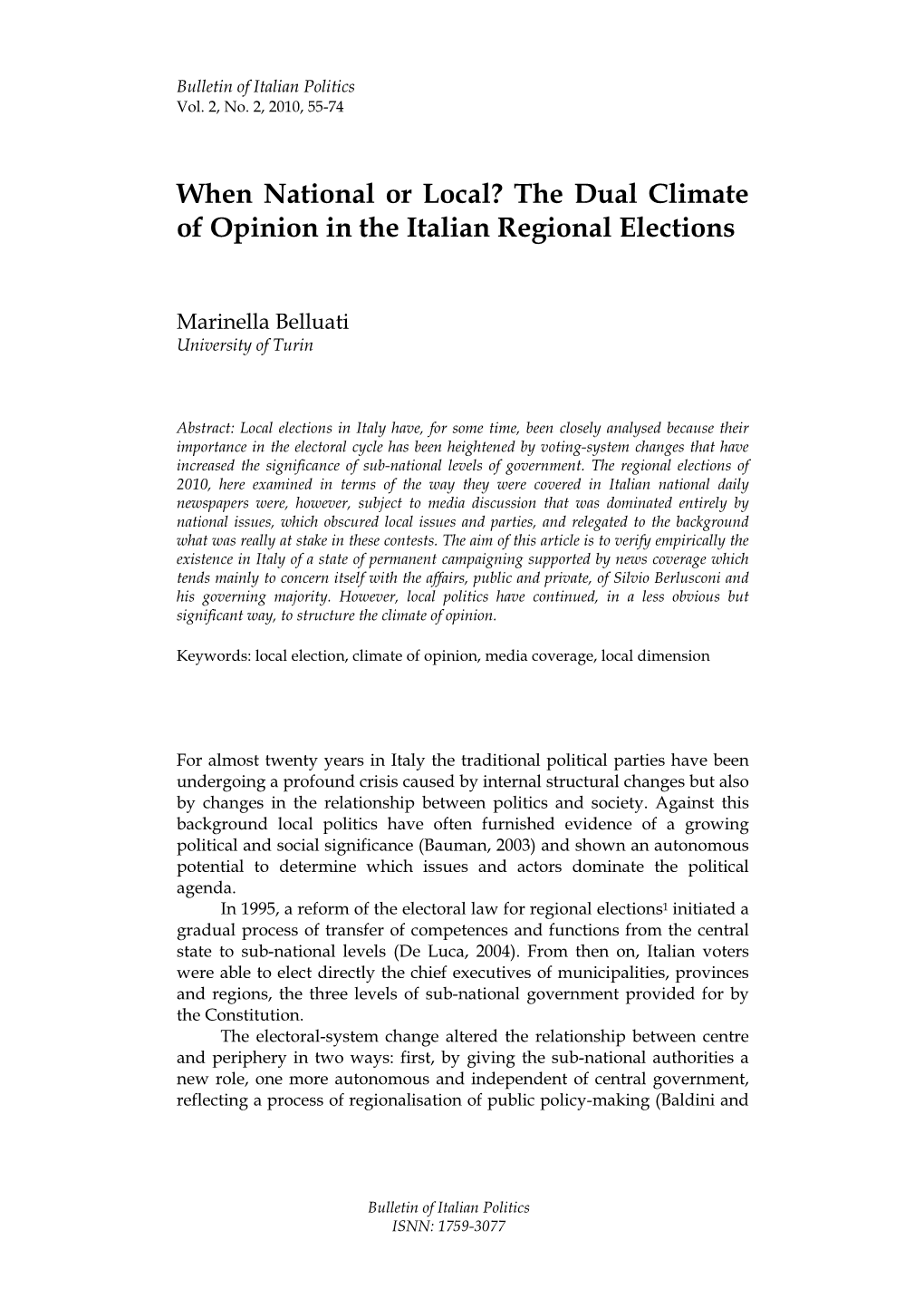 When National Or Local? the Dual Climate of Opinion in the Italian Regional Elections
