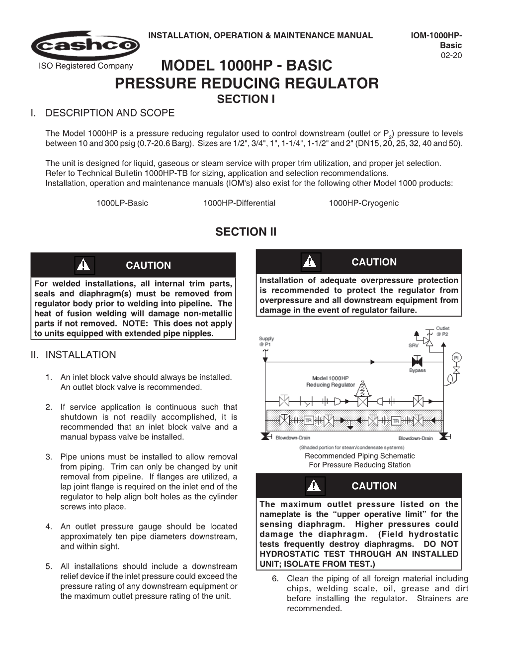 1000HP- Basic 02-20 ISO Registered Company MODEL 1000HP - BASIC PRESSURE REDUCING REGULATOR SECTION I I