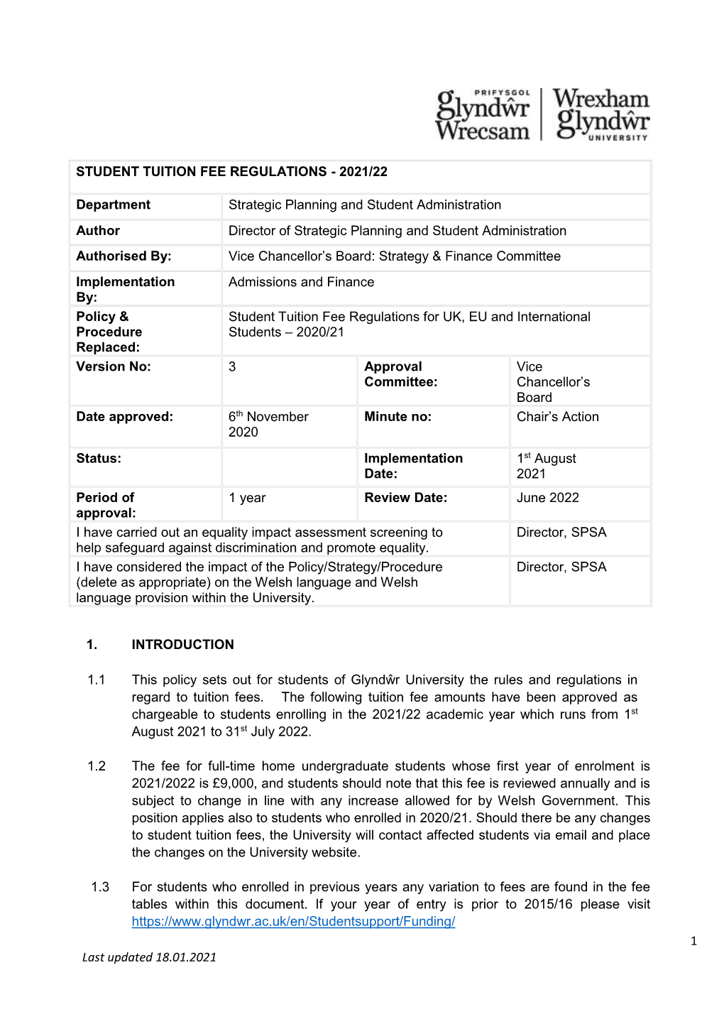 1 Last Updated 18.01.2021 STUDENT TUITION FEE REGULATIONS