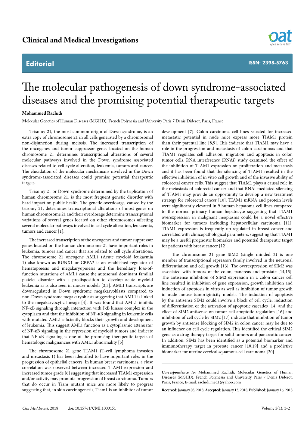 The Molecular Pathogenesis of Down Syndrome-Associated Diseases And