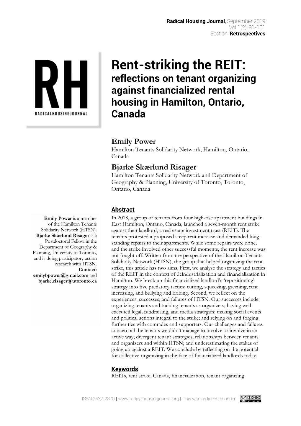 Rent-Striking the REIT: Reflections on Tenant Organizing Against Financialized Rental Housing in Hamilton, Ontario, Canada