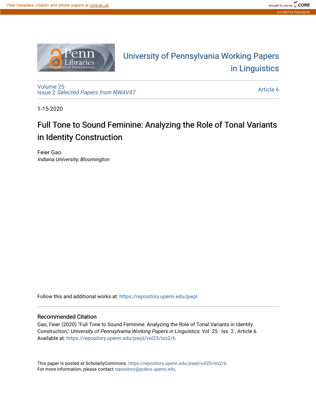 Full Tone to Sound Feminine: Analyzing the Role of Tonal Variants in Identity Construction