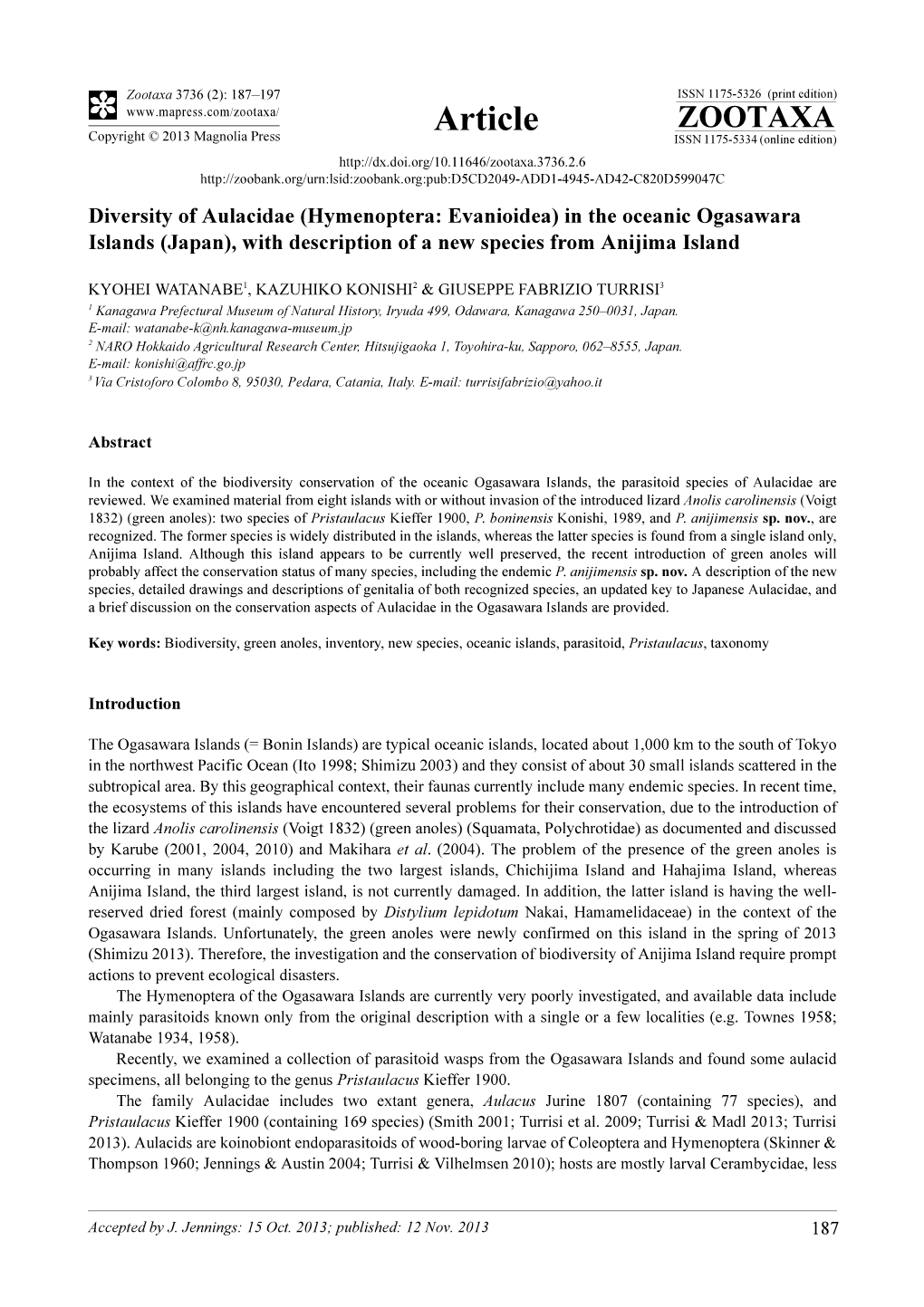 Diversity of Aulacidae (Hymenoptera: Evanioidea) in the Oceanic Ogasawara Islands (Japan), with Description of a New Species from Anijima Island