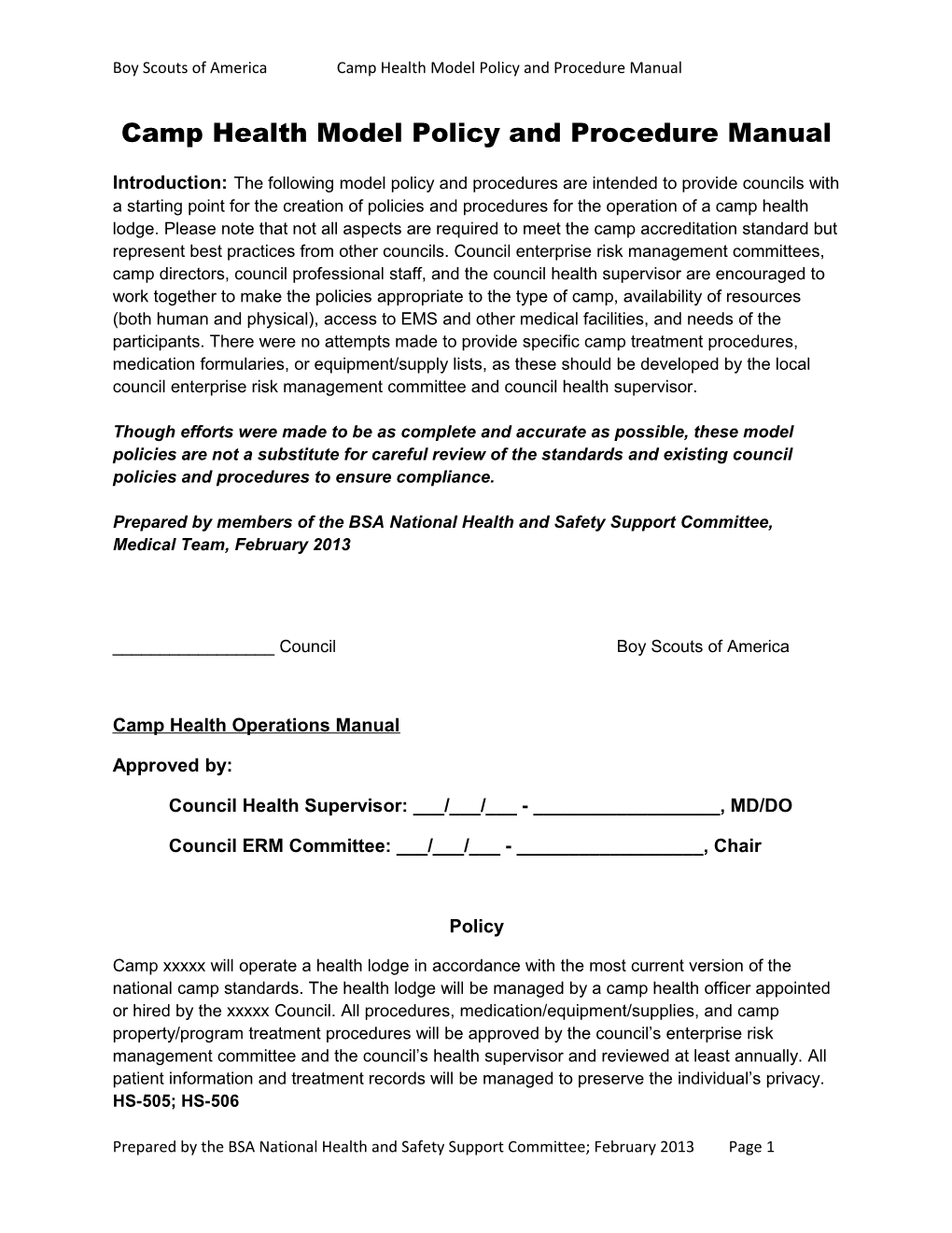 Boy Scouts of America Camp Health Model Policy and Procedure Manual