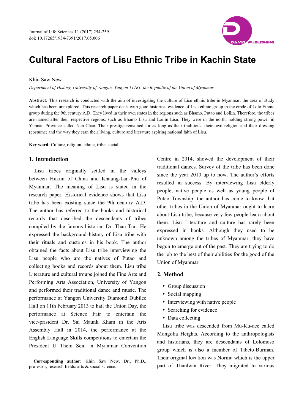 Cultural Factors of Lisu Ethnic Tribe in Kachin State