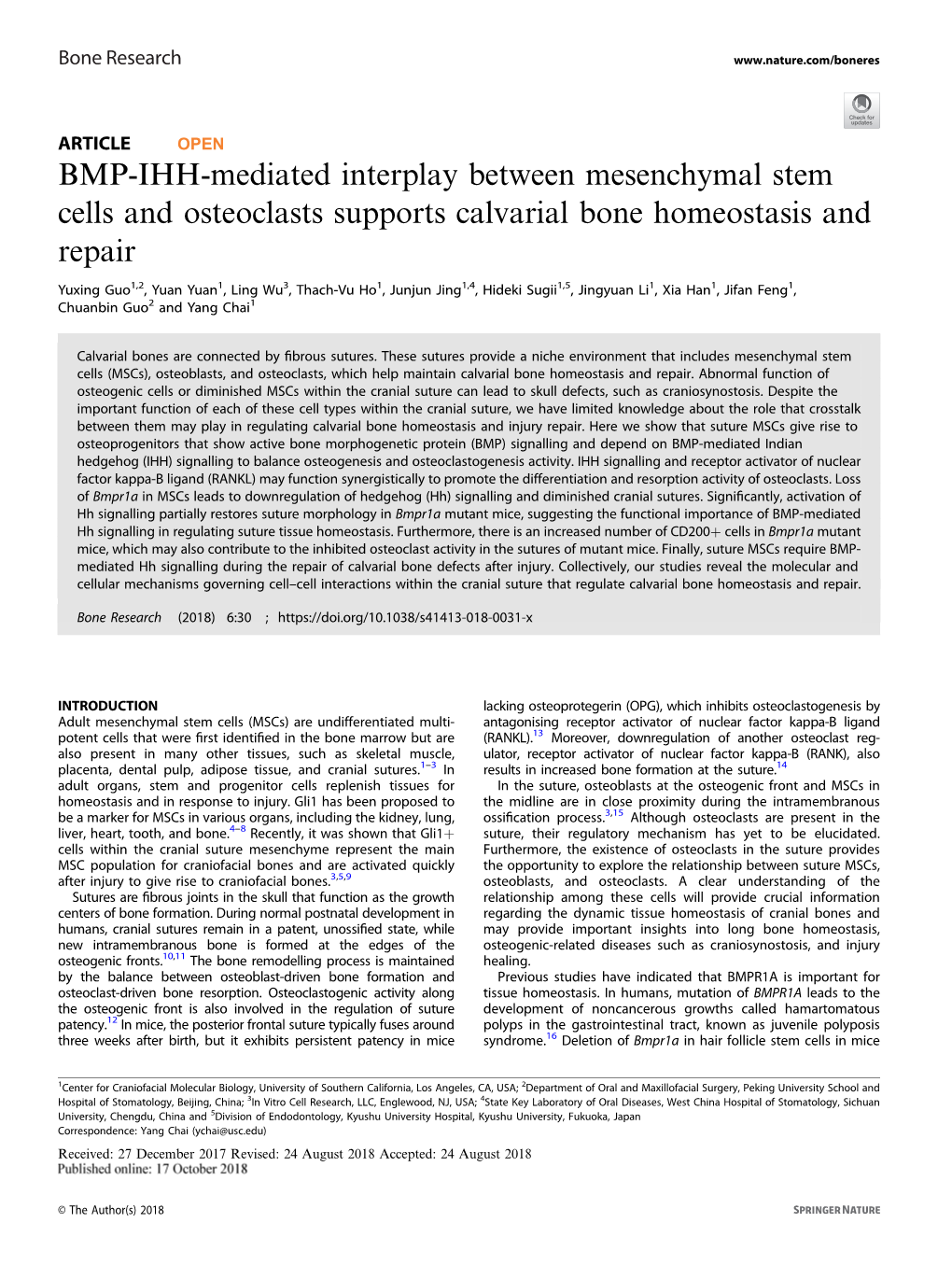 BMP-IHH-Mediated Interplay Between Mesenchymal Stem Cells and Osteoclasts Supports Calvarial Bone Homeostasis and Repair