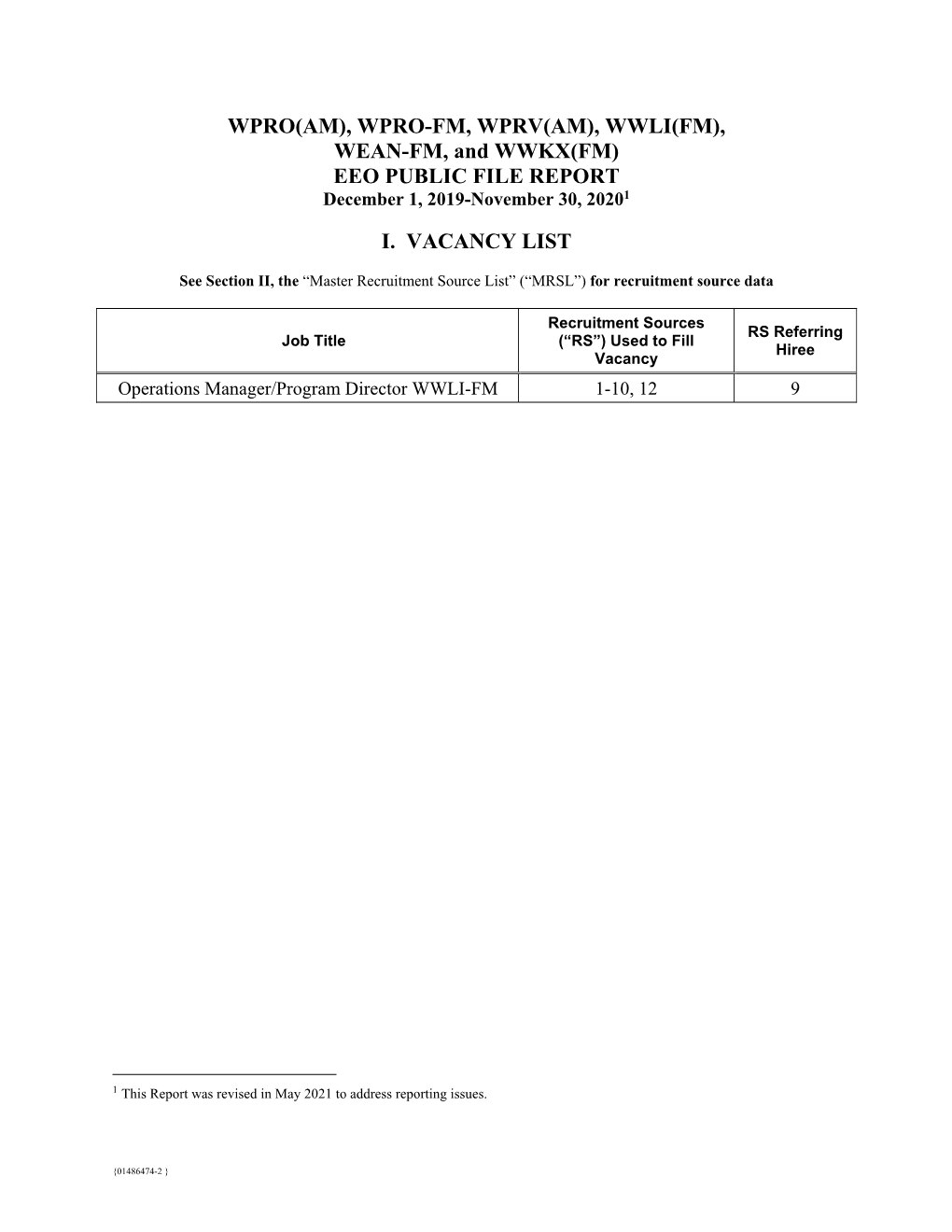 WWLI(FM), WEAN-FM, and WWKX(FM) EEO PUBLIC FILE REPORT December 1, 2019-November 30, 20201