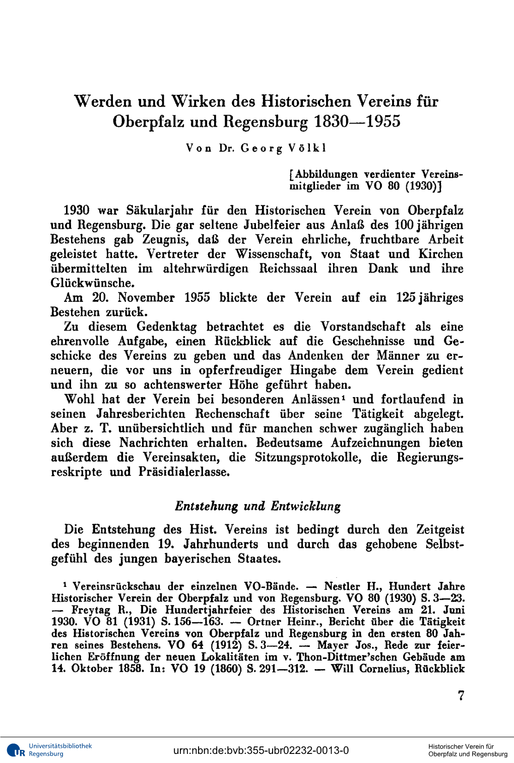 Werden Und Wirken Des Historischen Vereins Für Oberpfalz Und Regensburg 1830—1955 Von Dr