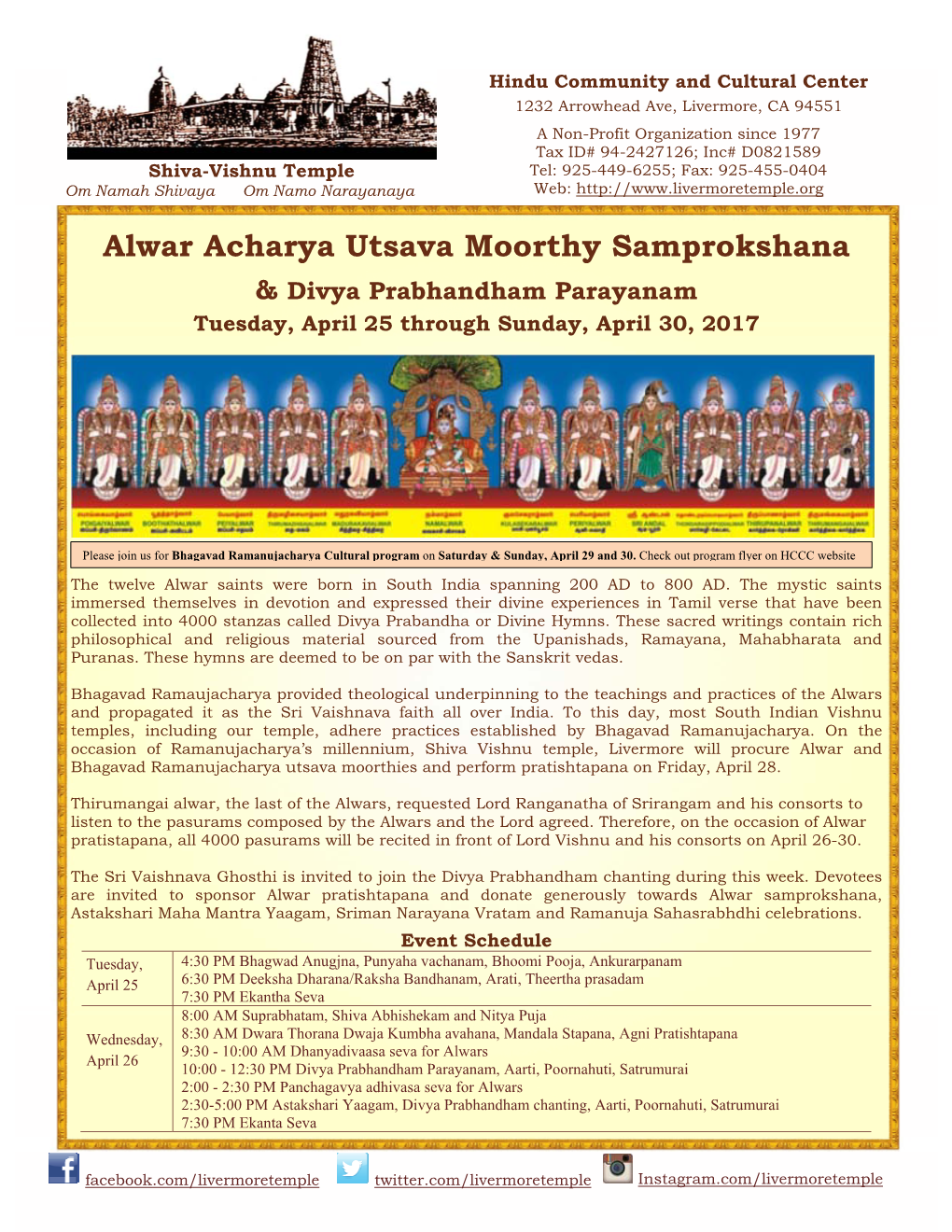 Alwar Acharya Utsava Moorthy Samprokshana & Divya Prabhandham Parayanam Tuesday, April 25 Through Sunday, April 30, 2017