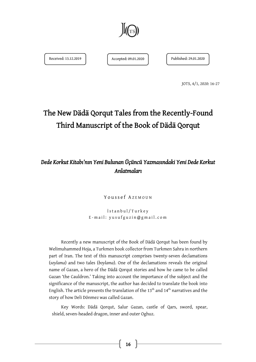 The New Dädä Qorqut Tales from the Recently-Found Third Manuscript of the Book of Dädä Qorqut