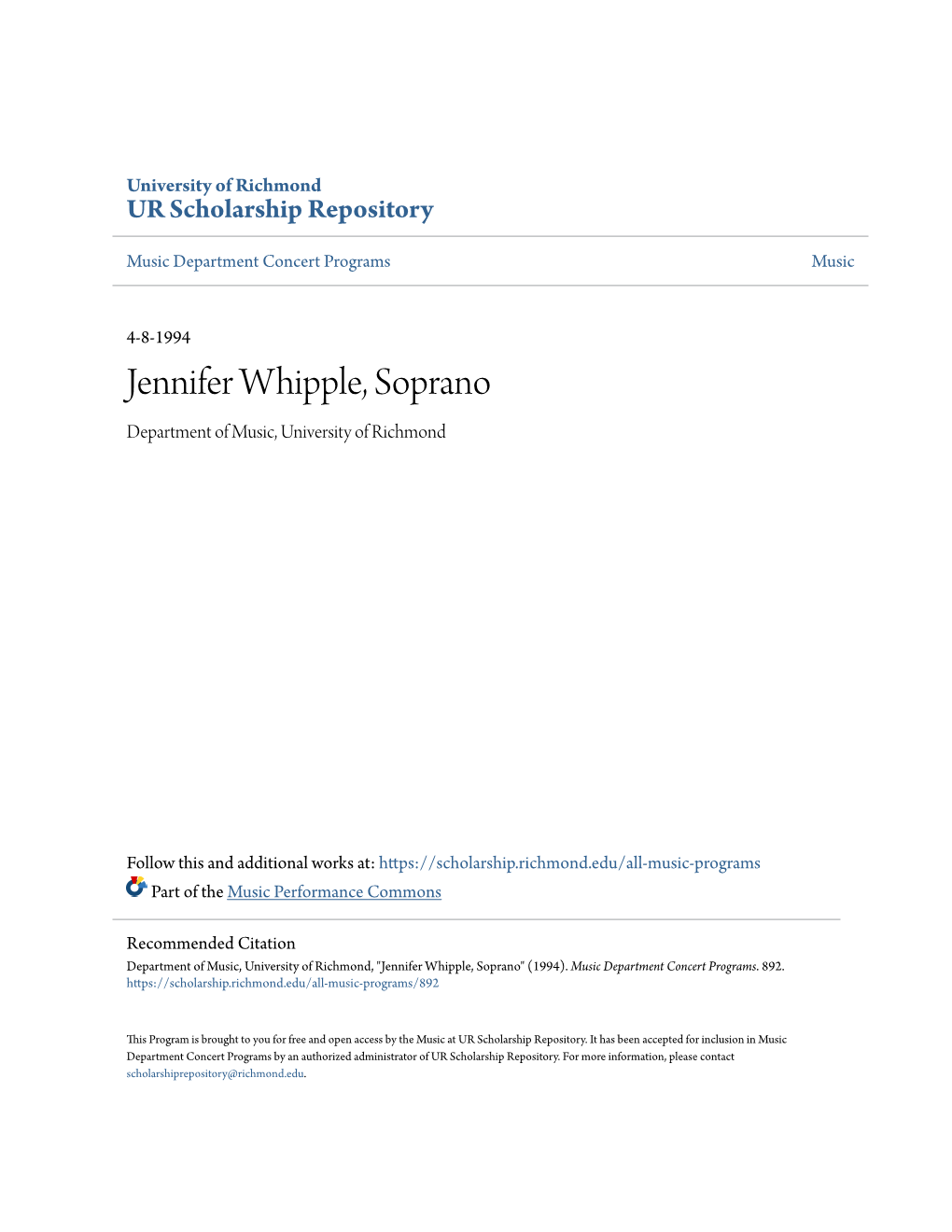 Jennifer Whipple, Soprano Department of Music, University of Richmond