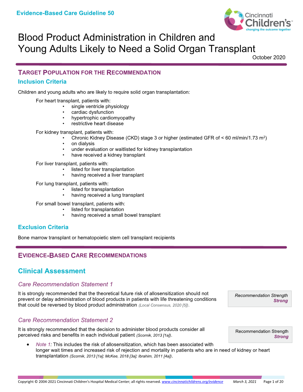 Blood Product Administration in Children and Young Adults Likely to Need a Solid Organ Transplant October 2020