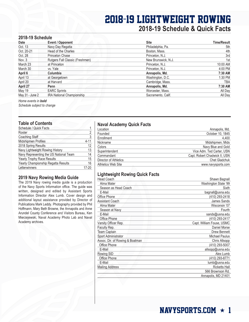 2018-19 LIGHTWEIGHT ROWING 2018-19 Schedule & Quick Facts 2018-19 Schedule Date Event / Opponent Site Time/Result Oct