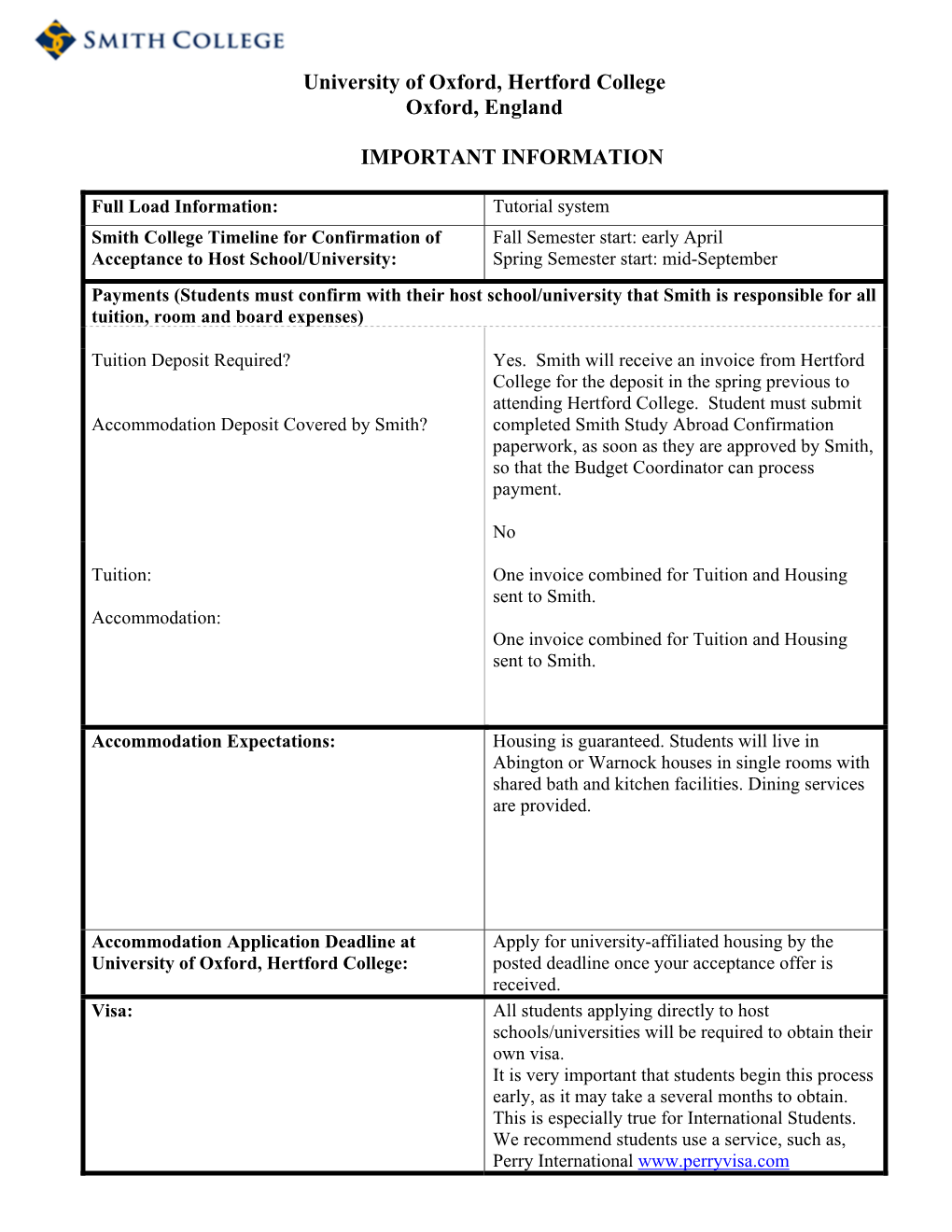 University of Oxford, Hertford College Oxford, England IMPORTANT INFORMATION