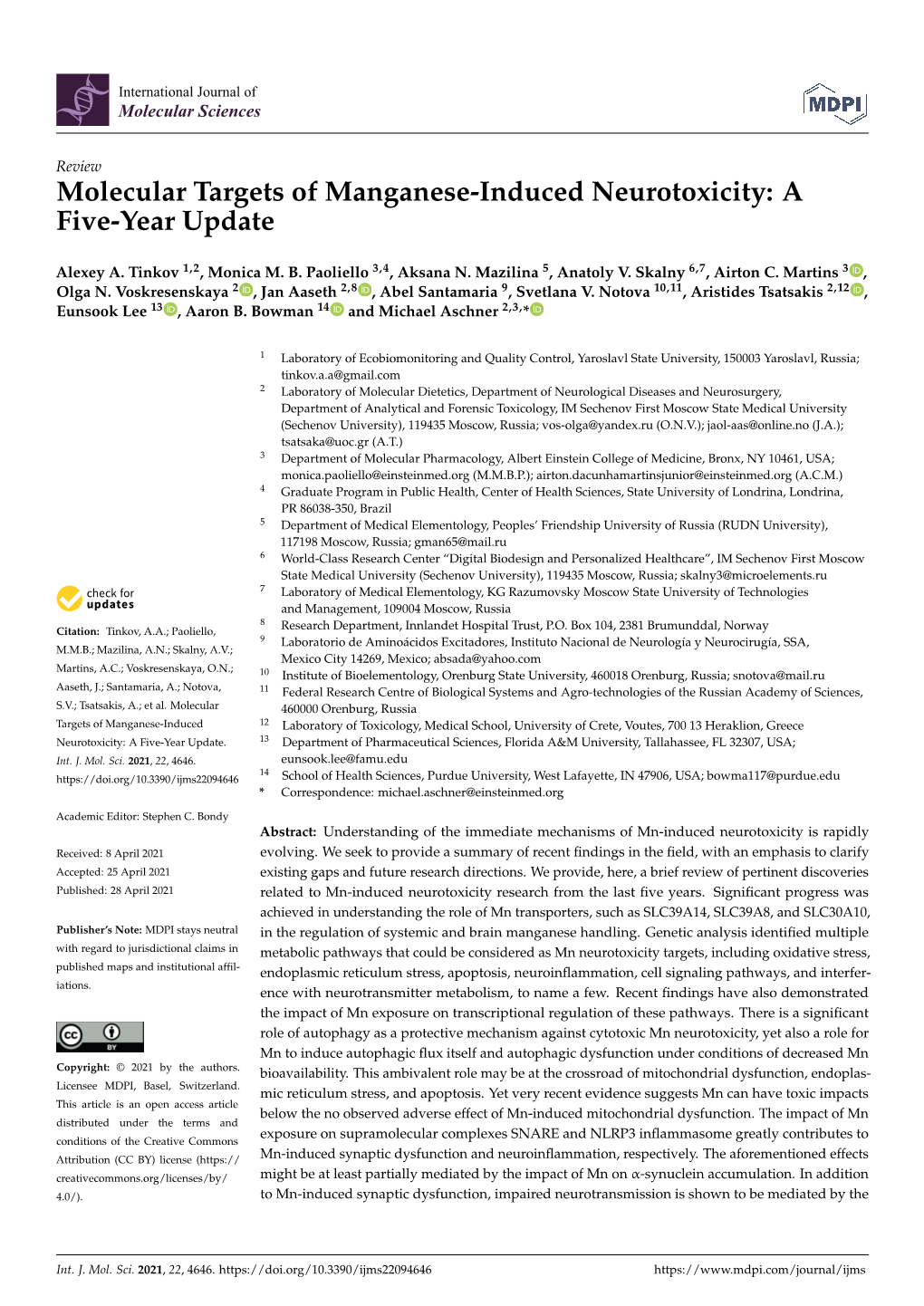 Molecular Targets of Manganese-Induced Neurotoxicity: a Five-Year Update