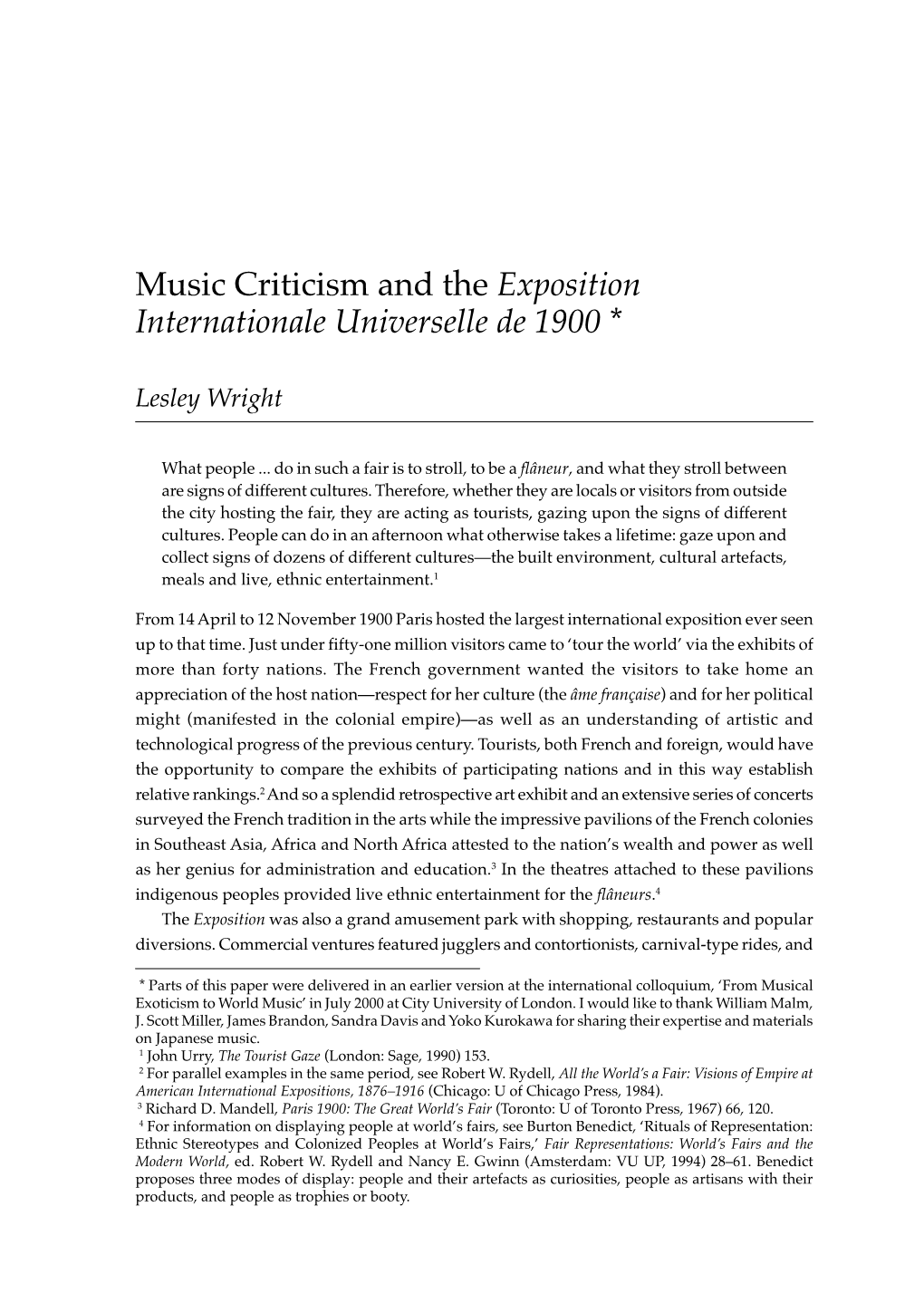 Music Criticism and the Exposition Internationale Universelle De 1900 *
