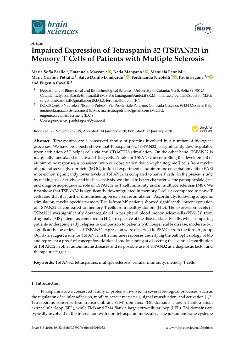 Impaired Expression of Tetraspanin 32 (TSPAN32) in Memory T Cells of Patients with Multiple Sclerosis