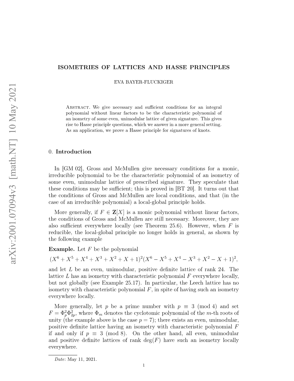 Arxiv:2001.07094V3 [Math.NT] 10 May 2021 Aeo Nirdcbeplnma)Alclgoa Principl a Local-Global Conditions, a Local Polynomial) I Are Irreducible Mcmullen 20]