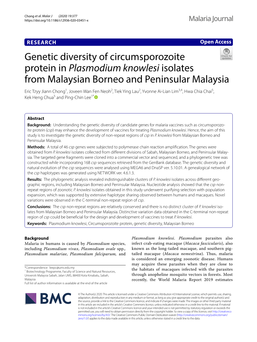 Genetic Diversity of Circumsporozoite Protein In