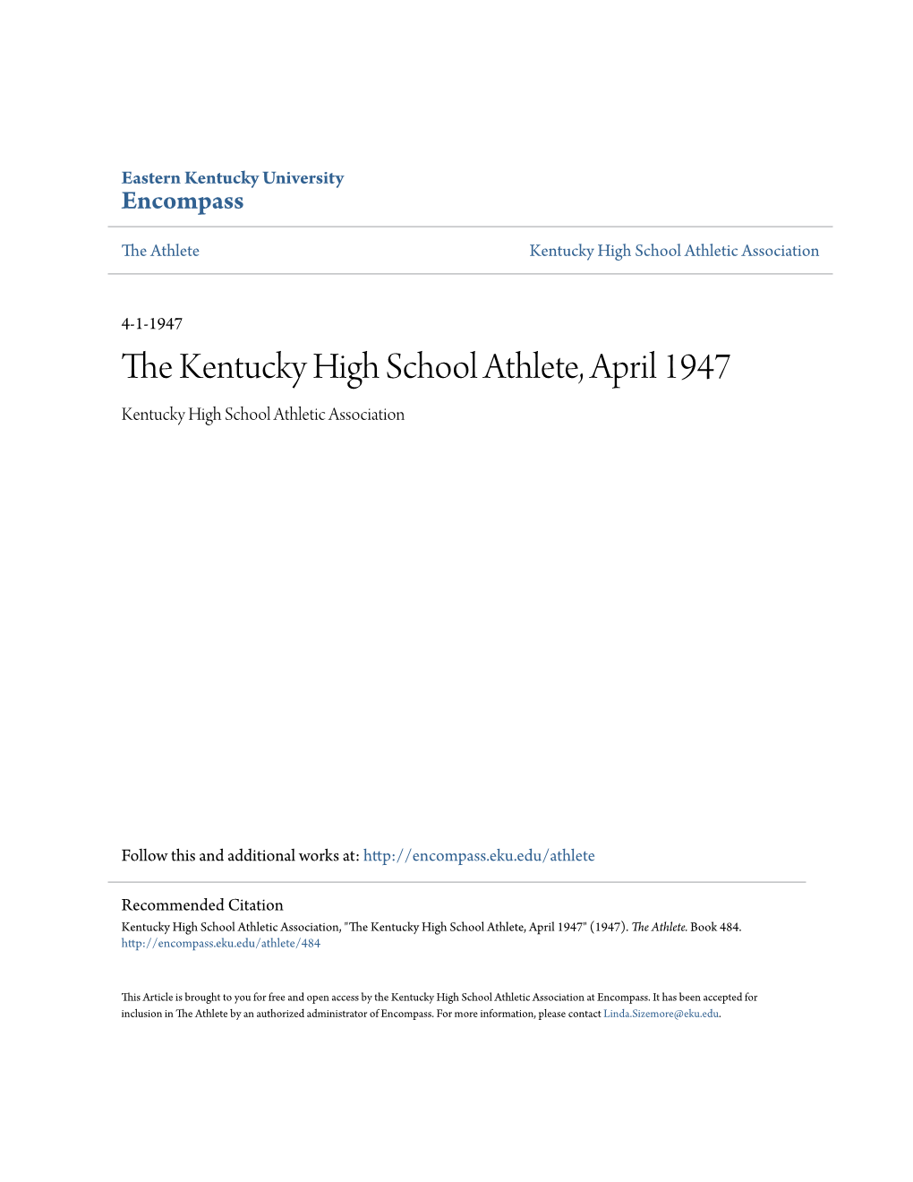 The Kentucky High School Athlete, April 1947 Kentucky High School Athletic Association
